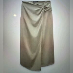 Zara Satin Effect Ruched Midi Skirt in Soft Champagne (Gold) - Size Medium